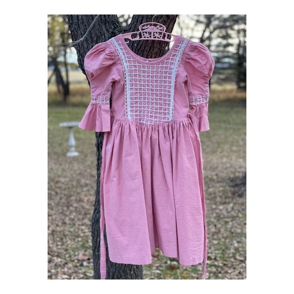 Vintage Medieval Style Maiden Dress Pink White Cotton Shirt Puff Sleeve Lace - Picture 1 of 9